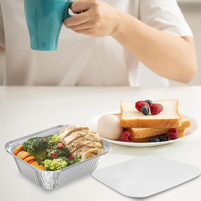 100 Pack 1 lb Disposable Aluminum Foil Pans Meal Prep Take Out Food Containers with Paper Lids for Catering, Baking, Roasting Food, Freezer Safe