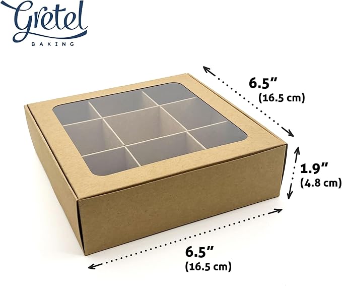 Treat boxes with window and dividers | 9 SMALL compartments | 6.5 x 6.5x 1.9 in | Chocolate covered strawberries supplies, macaron boxes, baked goods packaging | 10-pack (Kraft)