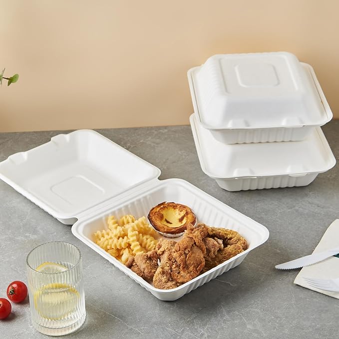[8X8 1-Compartment 75-Pack Bio Natural Clamshell Take Out Food Containers with Lids, Disposable Bagasse Togo Trays, Eco-Friendly Biodegradable Made of Sugar Cane Fibers
