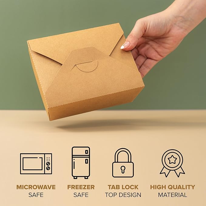 45oz Disposable Kraft Take-Out Containers - Microwaveable, Leak-Proof, Oil-Resistant, Eco-Friendly Food Boxes for Restaurants, Catering, & Meal Prep (50 Pack)