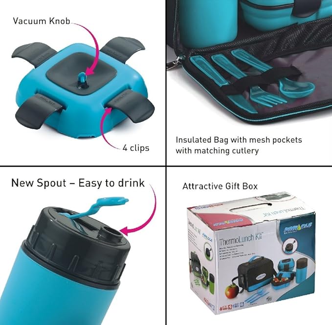 Pinnacle Thermoware Lunch Box Bag Set for Adults and Kids, Blue, Plastic and Stainless Steel, Matching Cutlery
