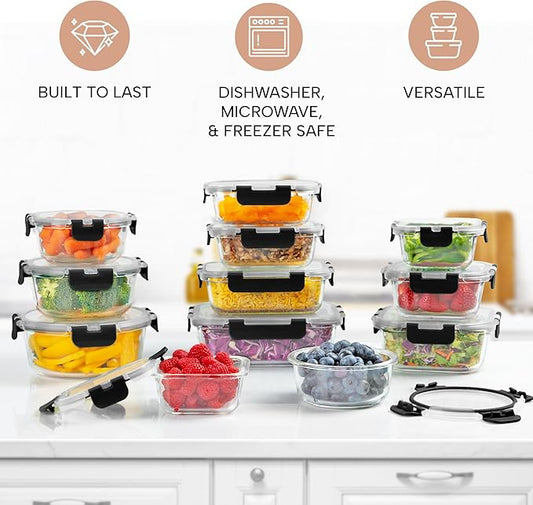 Zulay Kitchen 12 Pack Glass Meal Prep Containers with Lids - Airtight, Premium Borosilicate Glass Food Storage Containers - Microwave, Freezer & Oven Safe, BPA Free - Black