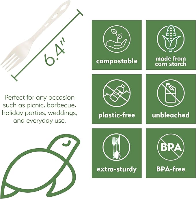 100% Compostable Non Plastic Forks [100 Pack] CPLA Disposable Forks. Non Plastic Silverware Set. Eco-Friendly Cutlery, Off White Flatware, Extra Sturdy Utensils, by Earth's Natural Alternative