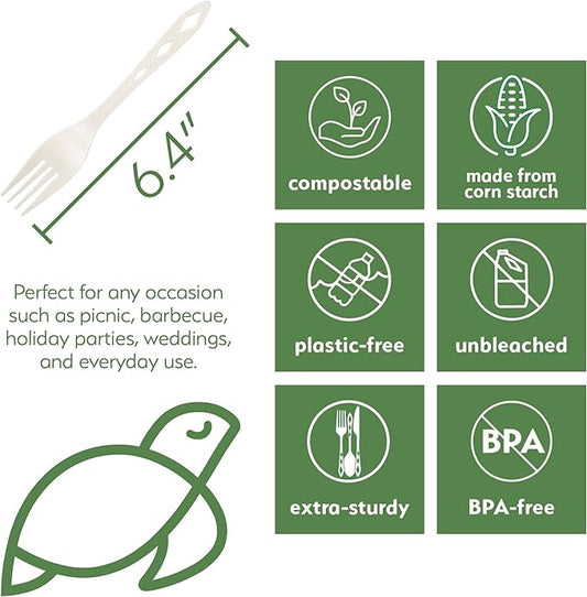100% Compostable Non Plastic Forks [100 Pack] CPLA Disposable Forks. Non Plastic Silverware Set. Eco-Friendly Cutlery, Off White Flatware, Extra Sturdy Utensils, by Earth's Natural Alternative