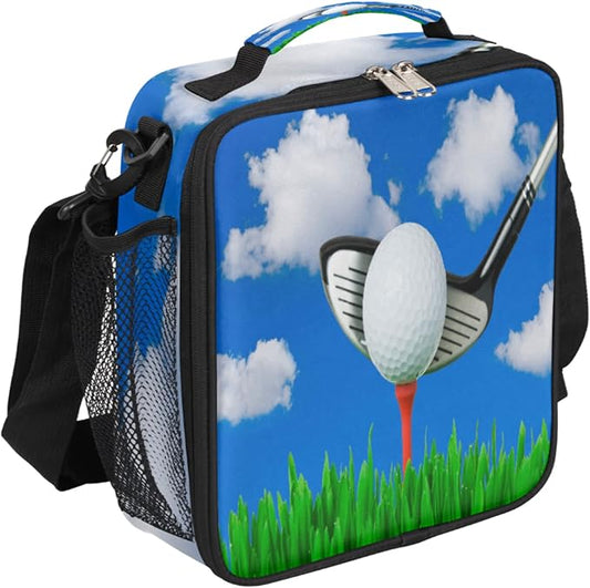Kids Lunch Box Golf Ball Print Insulated Lunch Bag Tote for Girls Boys, Cooler Freezable Meal Prep Bag with Shoulder Strap Waterproof Lunch Container for School Office Picnic