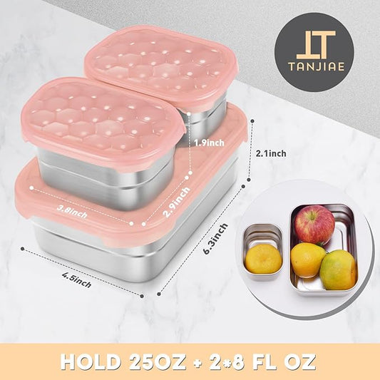 Small Stainless Steel Lunch Containers for Kids | Leak Proof Snack Containers with Silicone Lids - Perfect Metal Lunch Box with Lids for School and Daycare (25oz+8oz*2)