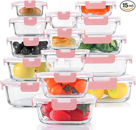 30 Pieces Glass Food Storage Containers Set, Glass Meal Prep Containers Set with Snap Locking Lids, Airtight Glass lunch Containers, Microwave, Oven, Freezer & Dishwasher,Pink