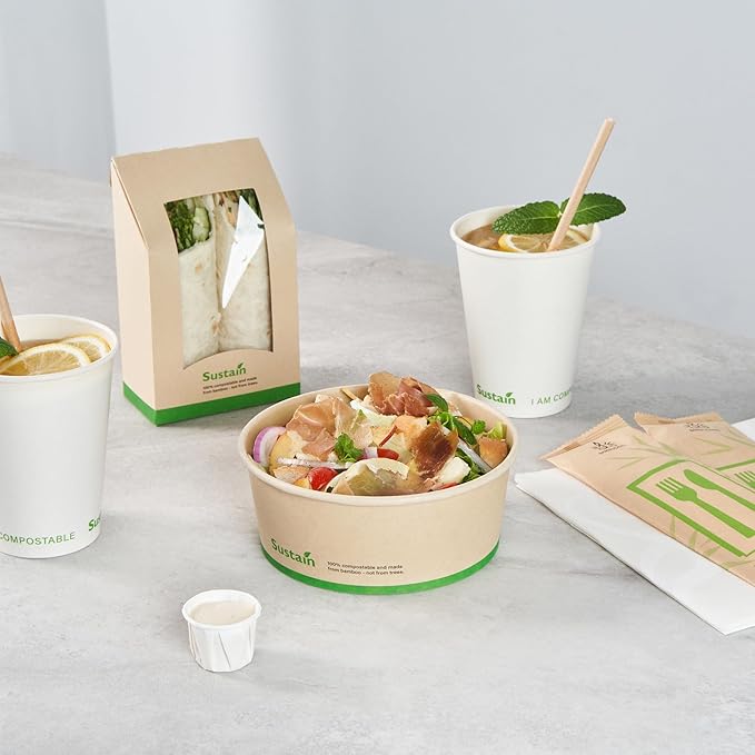 Restaurantware-Sustain 25 Ounce Sturdy Paper Take Out Boxes, 50 Round Take Out Food Containers - With PLA lining, Compostable, Bamboo Paper Containers, Disposable, Greaseproof