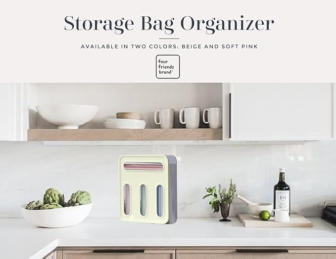 Storage Freezer Bag Organizer, Drawer or Wall Mount Kitchen Storage organizer, 4-Slots, Fits all the most common food bag sizes Gallon, Sandwich, Snack, Quart (Beige)