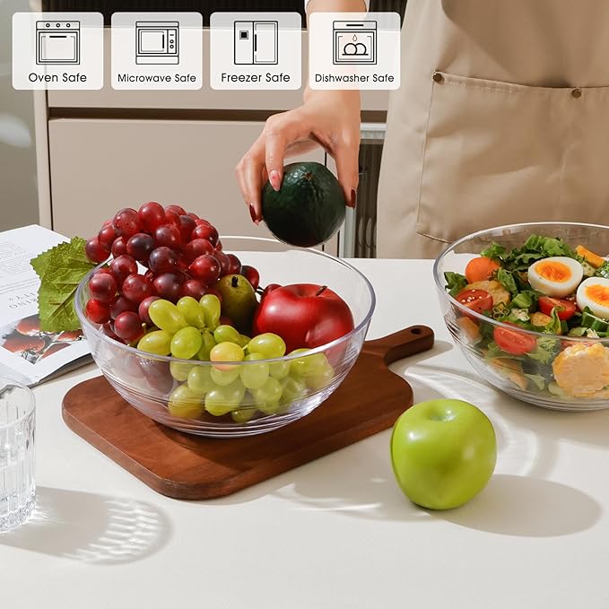 NUTRIUPS 8.7 inch Tempered Glass Mixing Bowls 2 Pack, Salad Bowl for Kitchen Microwave, Dishwasher and Oven Safe