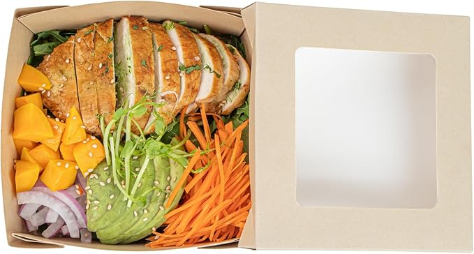 Restaurantware-27 Ounce Sturdy Paper Take Out Boxes, 200 Disposable Take Out Food Containers - With PLA lining, Paper Lid With Clear PLA Window, Bamboo Paper Containers, Compostable, Greaseproof