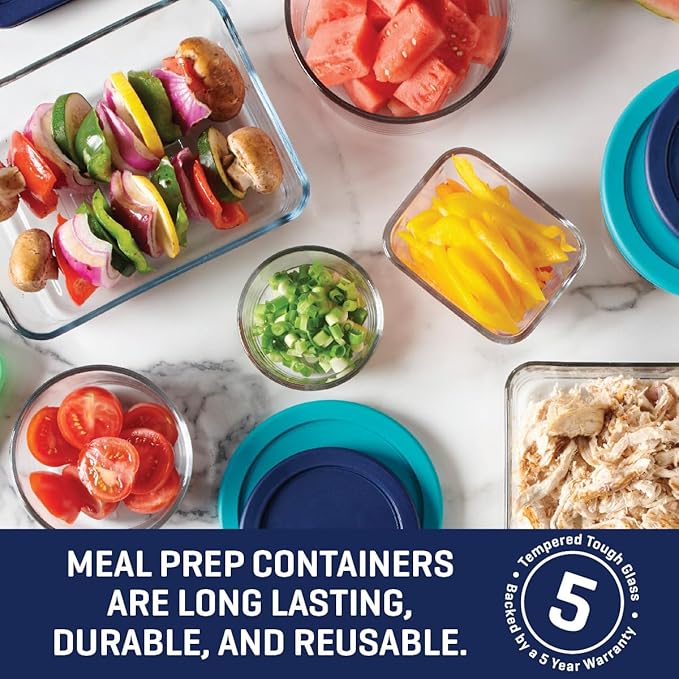 Anchor Hocking 16 Piece Glass Storage Containers with Lids (8 Glass Food Storage Containers & 8 Mixed Blue SnugFit Lids)