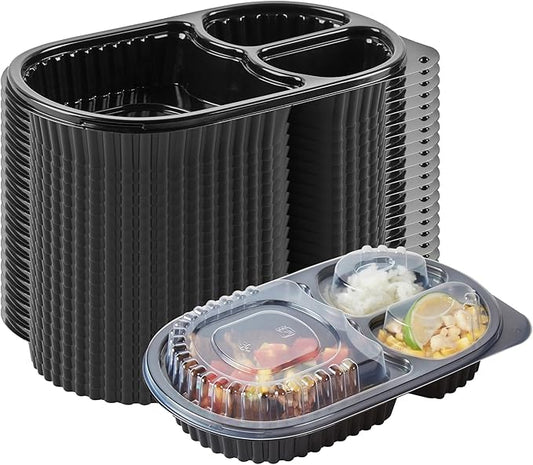 Restaurantware RW Base 19 Ounce Meal Prep Containers, 100 Microwavable To Go Containers With Lids - 3 Compartments, Disposable, Black Plastic Oval Food Containers, For Hot And Cold Food, Freezable