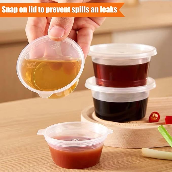 50 Sets 1 2/3 oz Round Shaped Jello Shot Cups with Lids, Small Condiment Containers, Disposable Portion Cups, Plastic Souffle Cup, Mini Sample Tasting Dipping Sauce Cup To Go Bowls, Clear
