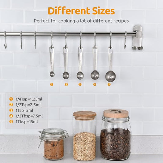 18/8 Stainless Steel Measuring Spoons Set for Dry and Liquid Ingredients (Set of 5), and 600ºF Heat Resistant Silicone Turners, 13.6in Long Solid & Slotted Kitchen Spatula (Aqua Sky)