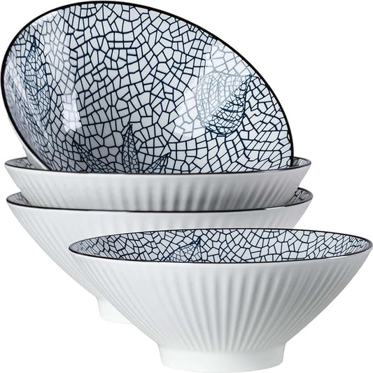 38 oz Japanese Ramen Bowls Set of 4, Large Pho Bowls, 8 Inch Ceramic Blue and White Soup Bowls, Leaf Pattern
