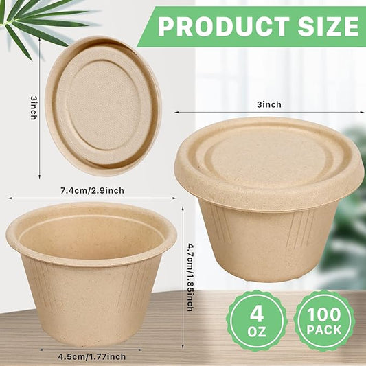 100Pack 4 oz Bagasse Fiber Condiment Cups with Lids,Bagasse Fiber Souffle Cups,Compostable Portion Cups,Biodegradable Sample Cups for Snack Salad Dressing Ketchup
