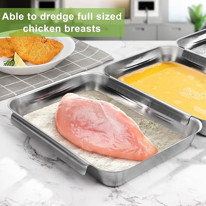 HULISEN Breading Trays Set of 3, Large Stainless Steel Breading Pans for Dredging Chicken Breasts and Marinating Meat, Interlocking Food Prep Trays for Coating Fish and Breadcrumb Dishes, Oven Safe