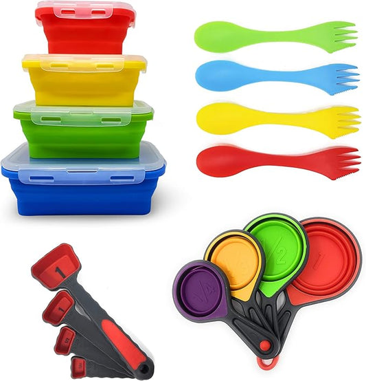 Collapsible Silicone Food Storage Containers - 16 Pcs Set with Lids Made by Silictek - Food Grade Travelling Measuring Cups - Measuring Spoons & Sporks- Portable & BPA Free - 4x Each