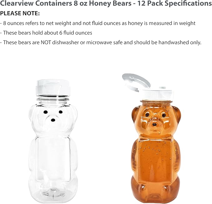 12 Pack of 8 Ounce Honey Bears with Sealable White Flip Top Lids (8 oz. Bear, 12pk, White)