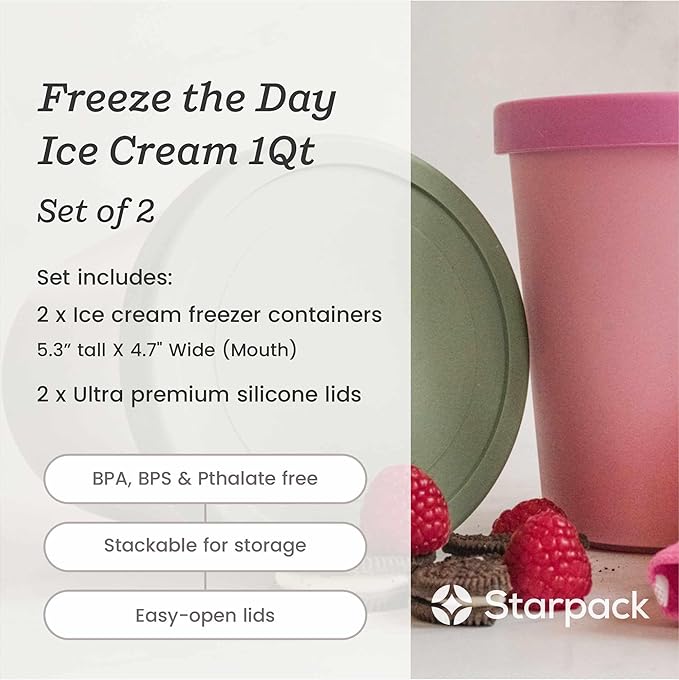 Starpack 'Freeze the Day' Ice Cream Storage Containers for Freezer (2 Pcs) - 1 Quart Ice Cream Containers for Homemade Ice Cream - Reusable Ice Cream Containers with Lids - Leak-Free Lids (Silicone)