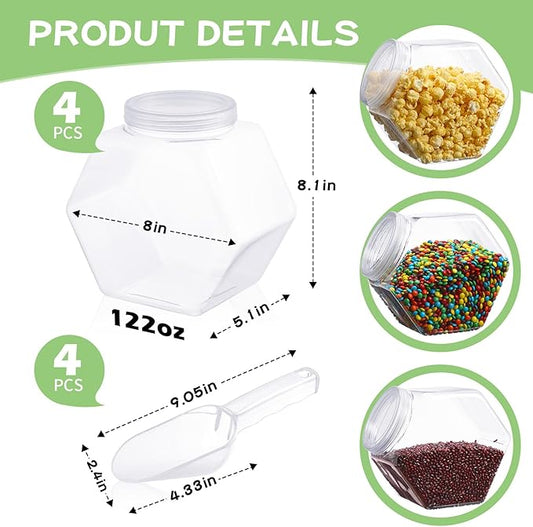 4 Pcs 122 oz Plastic Candy Jar with Lids and Scoops Hexagon Cookie Jars Clear Reusable Containers for Kitchen Counter Candy Bar for Cookies, Pets Treats, Laundry Pod, Craft Supplies Display Storage