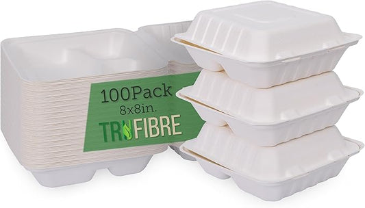White Disposable Food Containers with Lids, To Go Clamshell, Take Out Boxes for Delivery, Cakes, Desserts, Party Favor, Events, 8x8 100 Pack
