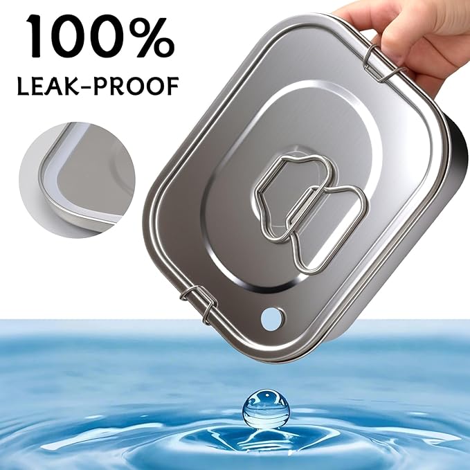 304 Stainless Steel Bento Box Leakproof 3-Compartment Tray, 1800ml Stainless Steel Lunch Box with Airtight Valve Handle, Including Utensil Set (Fork/Knife/Chopsticks) for Travel, Work.