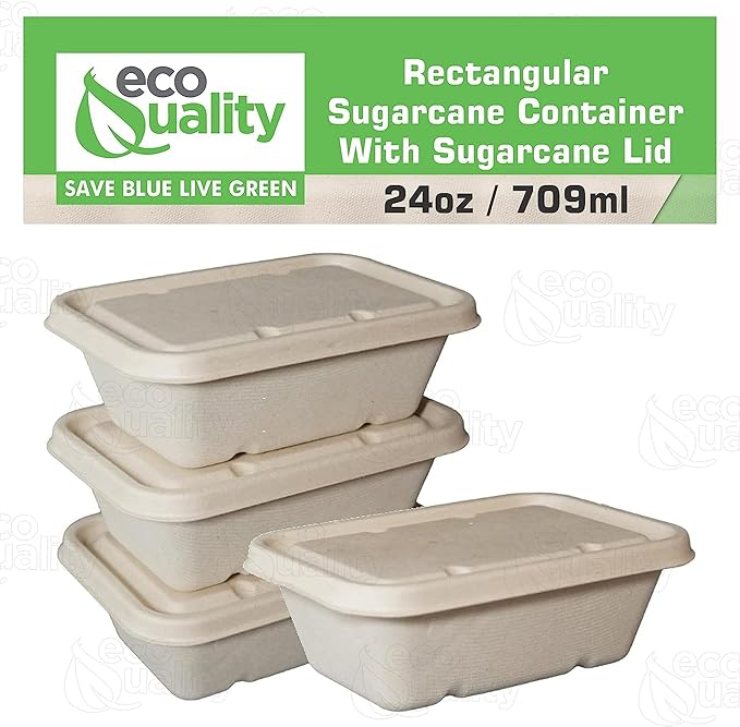 EcoQuality 24oz Disposable Bowls with Fiber Lids - Rectangular Compostable Sugarcane Fiber Biodegradable Paper Bowls Eco-Friendly Take Out Food Storage Containers, Microwave Safe, Meal Prep (400)