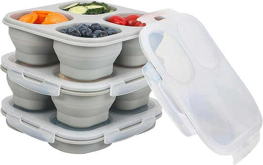 Collapsible Silicone Food Storage Container, 4-Compartment Snack Containers Portion Control with Clip-on Lid, Stackable, Space Saving, Microwave/Fridge/Freezer/Dishwasher Safe (3)