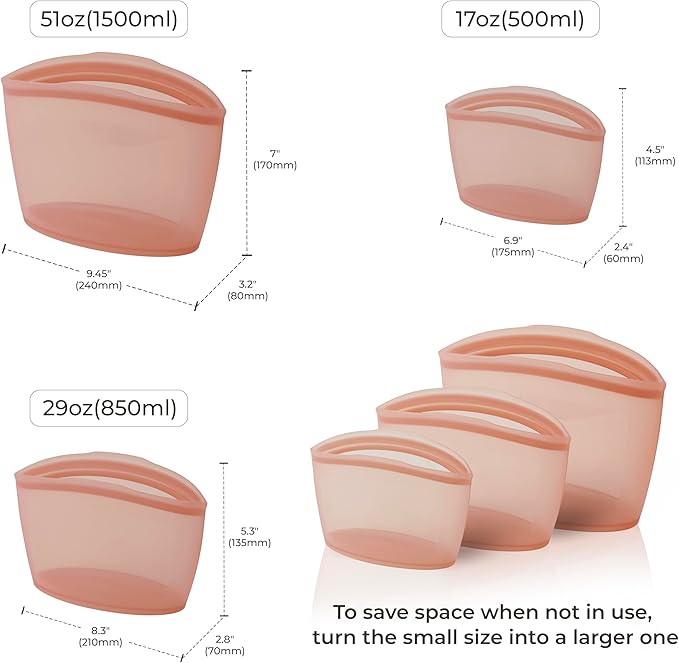 Platinum Silicone Food Grade Reusable Storage Bag, 3set Leak-Proof Airtight Seal, BPA-Free, Microwave, Freezer & Dishwasher Safe, Heat Resistant Sous Vide,Silicone Snack Bags, Dry Rose