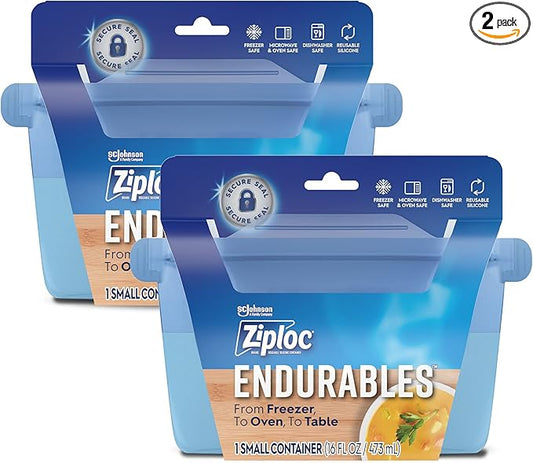 Ziploc Endurables Small Container, 2 Cups, Reusable Silicone Bags and Food Storage Meal Prep Containers for Freezer, Oven, and Microwave, Dishwasher Safe, 2 Pack