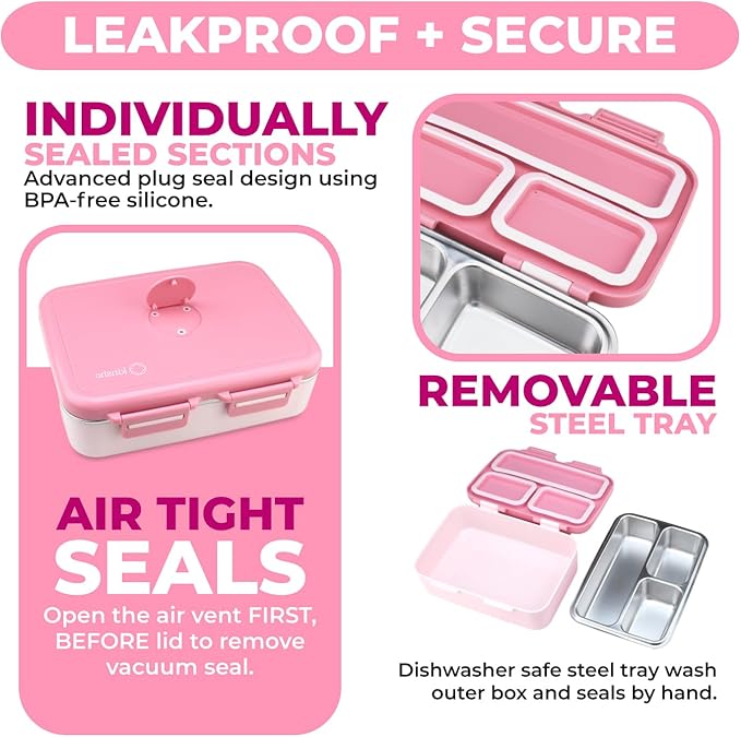 Stainless Steel Bento Box Lunch Container for Kids Adults with Removable Tray, Leakproof Silicone Seals, BPA Free 26 oz/790 mL (Pink)