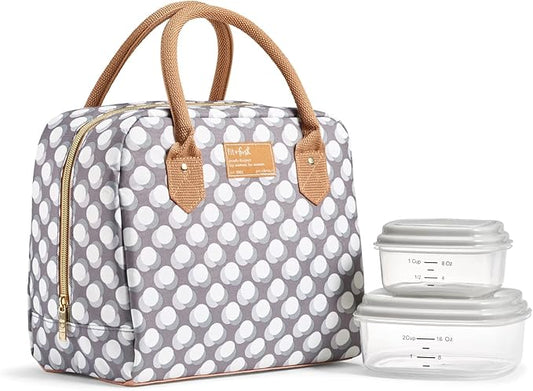 Fit & Fresh Bloomington Adult Insulated Lunch Bag with Carry Handles, Complete Lunch Kit Includes 2 Reusable Food Containers, Grey Dot