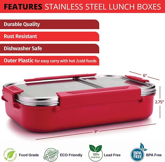 Signoraware Stainless Steel Bento Box, Red, For Men, Unisex, Meal Holder, 34 Oz, Leakproof, Portion Control, Easy Carry, BPA Free, Rust Resistant