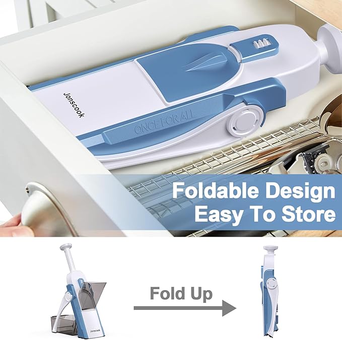 Safe Mandoline Slicer for Kitchen, Adjustable Thickness 0.1-8 mm, 5 in 1 Multi Vegetable Chopper, Potato Slicer, Food Chopper French Fry Cutte, with Paring Knife/Cleaning Brush, Mandolin (Haze Blue)