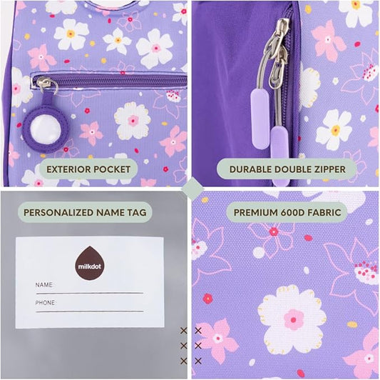 Designer Insulated Lunch Bag, Purple, Reusable Cooler Tote for Food & Drinks, Perfect for Women, Men, Boys, Girls, Stylish for kids ages 3+ (Flower)