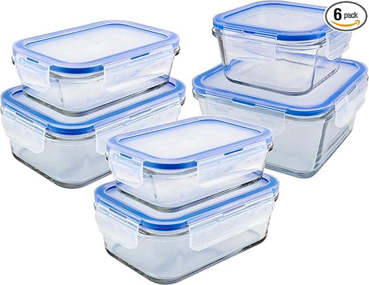 Glass Containers BPA-Free Locking Lids - 6 Pack, Premium Meal Prep Containers, Leakproof, Airtight, Microwave, Oven, Freezer, Dishwasher Safe, Ideal for Lunch, Kitchen, and Food Storage (Set of 6)