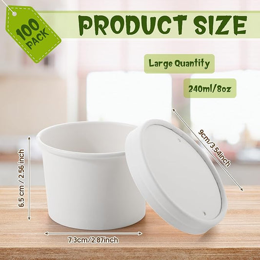 Fulmoon 100 Pack Paper Soup Containers with Lids Disposable Paper Food Containers with Vented Lids Kraft Ice Cream Bowls Soup Cup Ice Cream Cups for Restaurants(8 oz,White)