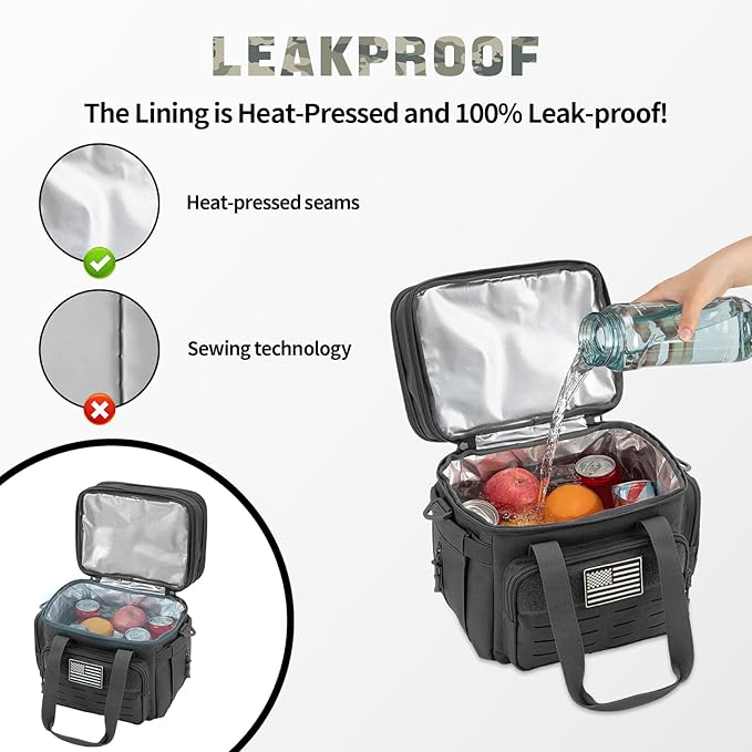 QT&QY Tactical Lunch Box for Men Expandable 18L Heavy Duty Military Insulated Cooler Bag, Leakproof Thermal Lunch Bag for Work Camping Outdoor Picnic Pail Adult Meal MOLLE Webbing Black