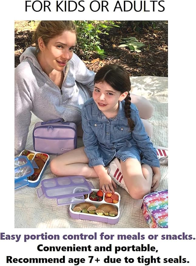 kinsho Bento-Box with Lunch Bag and Ice Pack Set. Containers for Kids Girls Adults Snacks and Lunches. 4 Compartments, Leakproof Portion Container Boxes Insulated Bags for School, Purple