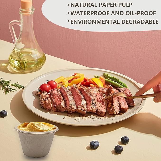 Goiio 50 Pcs 4 Oz Bagasse Fiber Condiment Cups with Lids, Compostable Portion Cups, Disposable Souffle, for Snack Dressing Food Storage