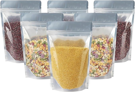 100 Pack 8 x 12 Inch Stand Up Pouch Bags Zipper Mylar Bags Clear Front with Aluminum Foil Back Reusable Food Storage Bags for Multipurpose with Gusset Bottom(5.5mil Thickness)