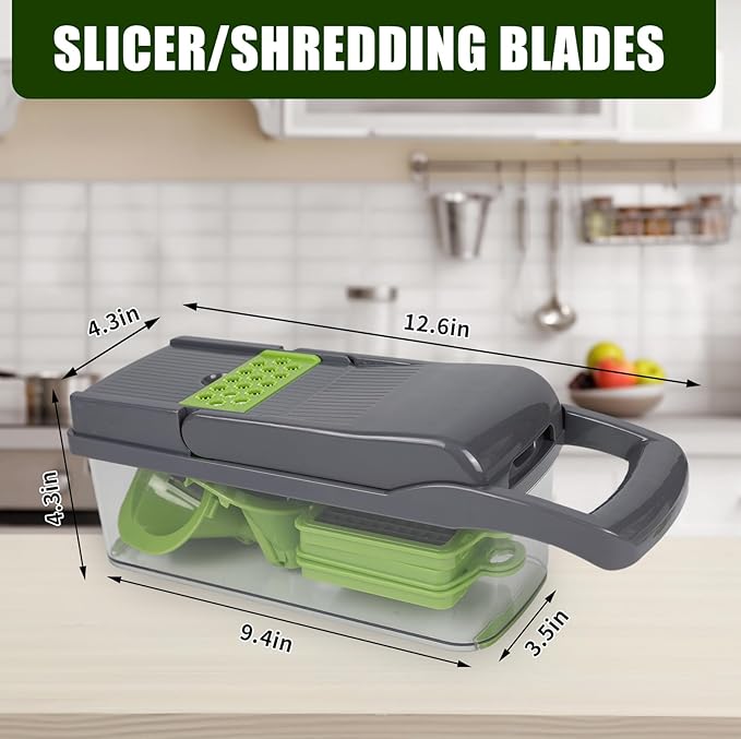 Multifunctional vegetable cutter 23 in 1 vegetable slicer, cucumber slicer, potatoes, tomatoes, zucchini, garlic, eggs, vegetable cutter with container and lid, salad cutter, dicing machine, shredder
