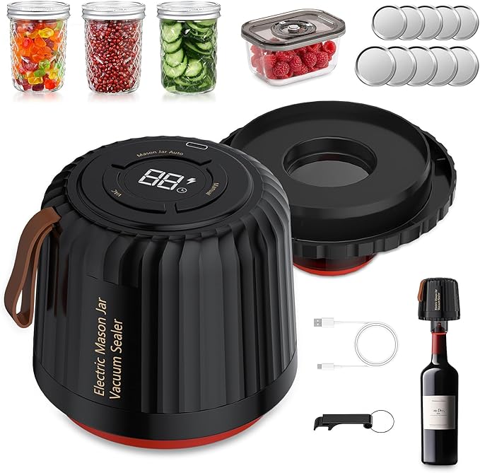 Electric Mason Jar Vacuum Sealer Kit，Upgraded 4 in 1 Automatic Stop Mason Jar Vacuum Sealer for Wide and Regular Mouth Mason Jars Wine Bottle Food Storage Box Vacuum Bag