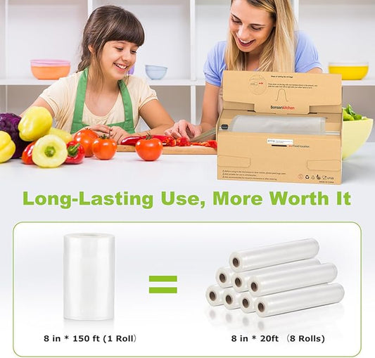 [2025 New] Bonsenkitchen 8” x 150’ Vacuum Sealer Bags Rolls with Cutter for Food Storage, Commercial Grade, BPA Free, Great for Meal Prep and Sous Vide Cooking