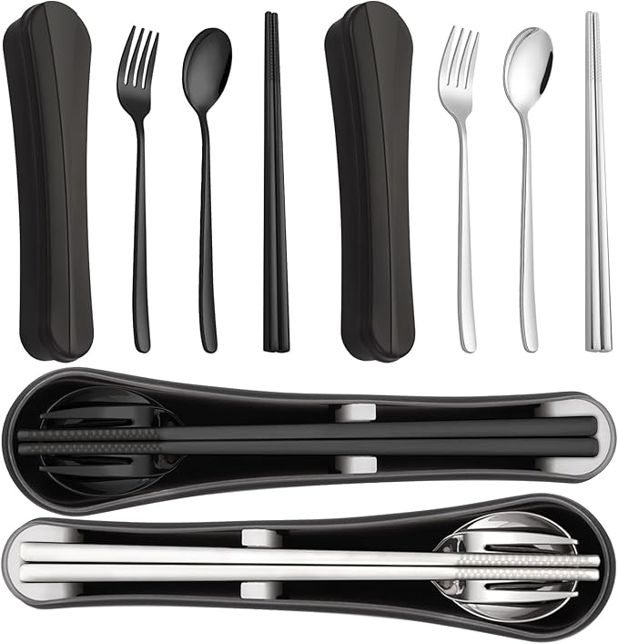 2 Pack Travel Utensils with Case, PHILIPALA Portable Reusable Silverware Set for Lunch Work Picnic, 18/8 Stainless Steel Camping Cutlery Set Includes Fork Spoon Chopsticks(Silver&Black)