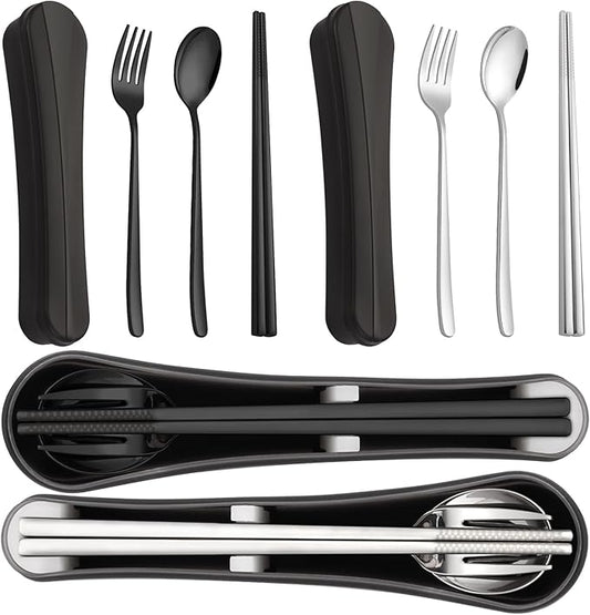 2 Pack Travel Utensils with Case, PHILIPALA Portable Reusable Silverware Set for Lunch Work Picnic, 18/8 Stainless Steel Camping Cutlery Set Includes Fork Spoon Chopsticks(Silver&Black)