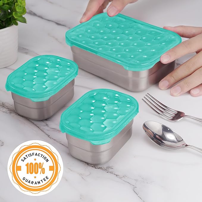 Stainless Steel Lunch Containers for Kids | Leak Proof Food Grade Snack Containers with Silicone Lids - Perfect Metal Food Containers with Lids for Kids School and Toddler Daycare (25oz+8oz*2)
