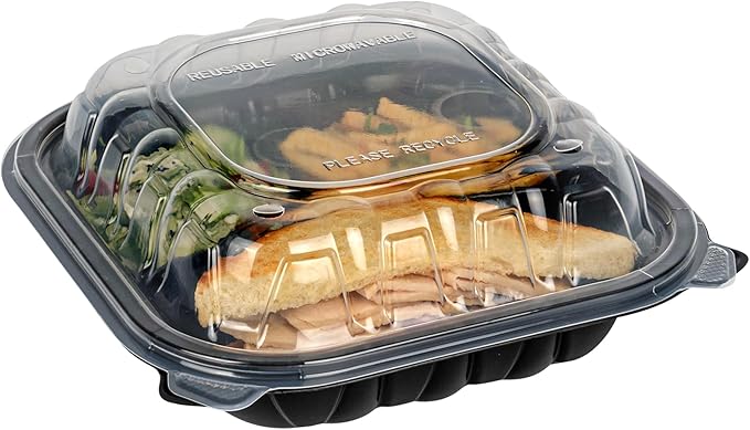 Restaurantware-Thermo Tek 34 Ounce Clamshell Containers, 50 Disposable Take Out Boxes - 3 Compartments, Ventilated Lids, Black Plastic Meal Prep Containers, Microwavable, For Pasta Or Salads